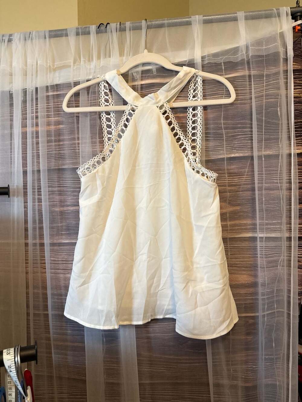 White High Neck Sleeveless Lace Trim Blouse,